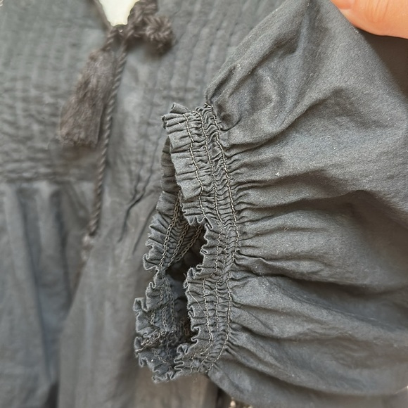 Levis Women’s Peasant Top Black Sheer Boho 3/4 Balloon Sleeve Tassel Tie Lace L - Picture 8 of 13